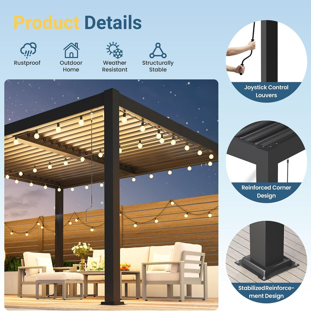 Pergola 10' X 12' with Aluminum Frame and Adjustable Louvered Roof
