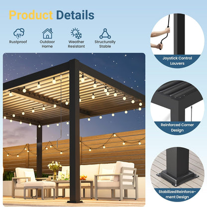 Pergola 10' X 12' with Aluminum Frame and Adjustable Louvered Roof